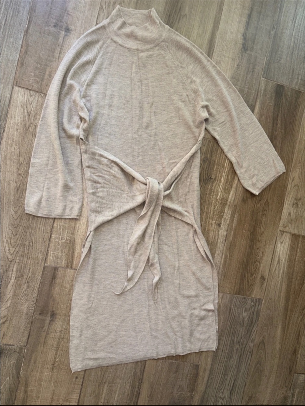 Women's Taupe Tie-Waist Knit Long Sweater with slide slits